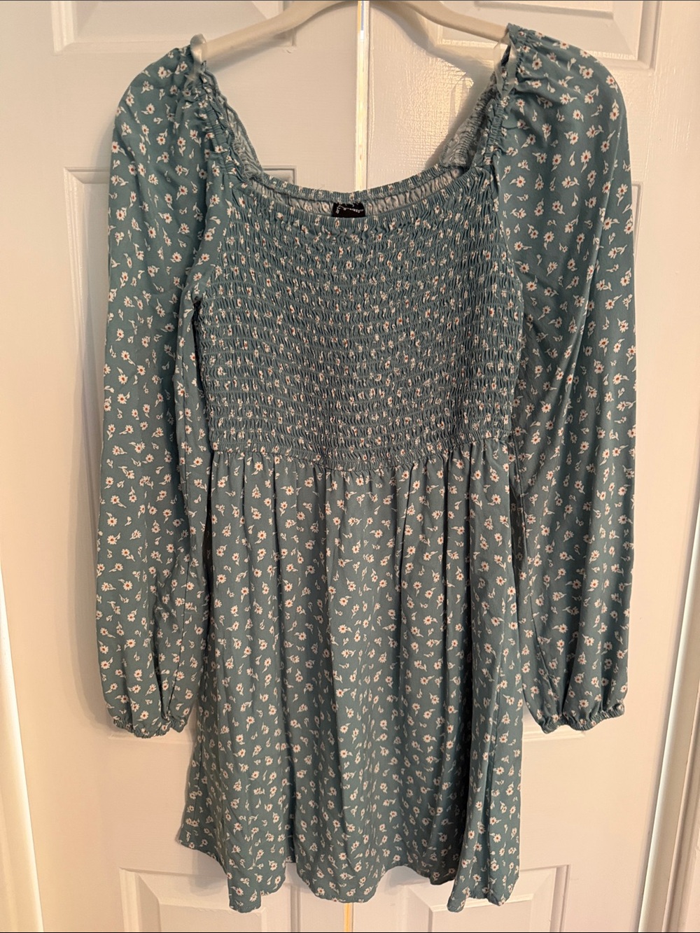 art class Sage Blue Smocked Top with Tiny White and Rust Flecks